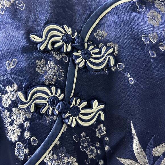 Blue Cheongsam Dress Silver Floral and Bamboo Brocade Pattern Large Women's - Picture 5 of 7